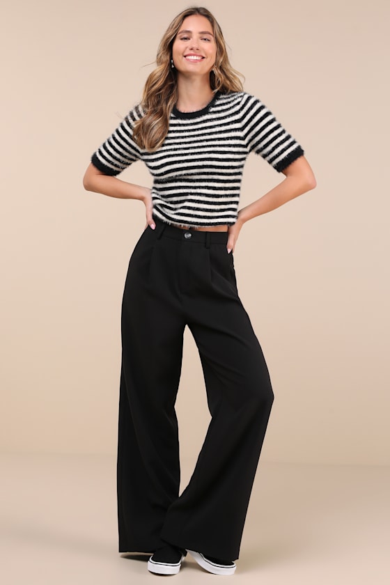 Lulus Classy Comfort Black And White Striped Eyelash Knit Sweater Top In Black And White