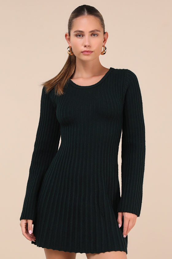 Lulus Convincing Poise Dark Green Ribbed Long Sleeve Skater Mini Dress In Dark Green