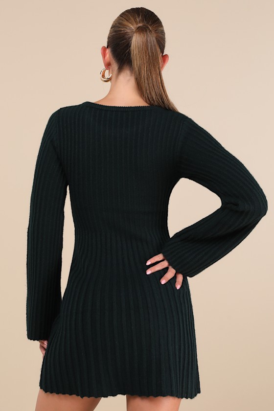 Lulus Convincing Poise Dark Green Ribbed Long Sleeve Skater Mini Dress In Dark Green