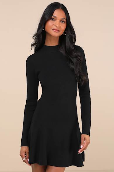 knee length dresses for ladies Black Ribbed Knit Wool Blend Short Sweater Dress
