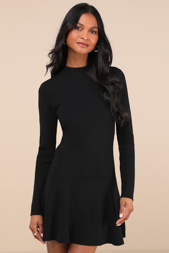 Adorable Intentions Black Mock Neck A-Line Mini Sweater Dress 1