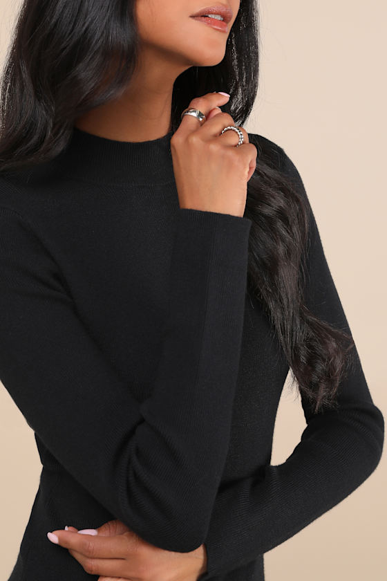Lulus Adorable Intentions Black Mock Neck A-line Mini Sweater Dress In Black