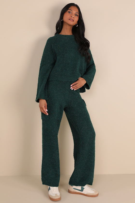 Lulus Signature Sunday Dark Green Knit Sweater Pants In Dark Green