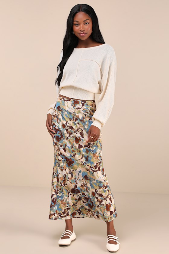 LULUS STYLISH OPTION BEIGE MULTI ABSTRACT FLORAL MIDI SKIRT