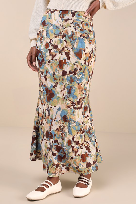LULUS STYLISH OPTION BEIGE MULTI ABSTRACT FLORAL MIDI SKIRT