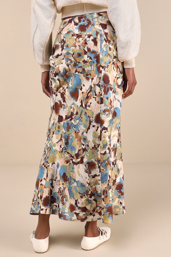 LULUS STYLISH OPTION BEIGE MULTI ABSTRACT FLORAL MIDI SKIRT