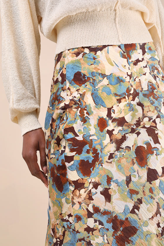 LULUS STYLISH OPTION BEIGE MULTI ABSTRACT FLORAL MIDI SKIRT