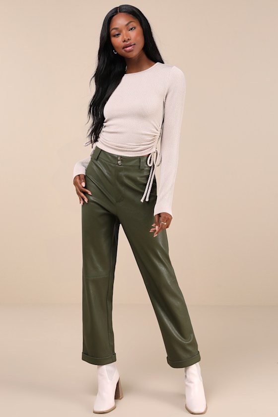 Lulus Sweet Ease Cream Textured Ribbed Ruched Long Sleeve Top In White