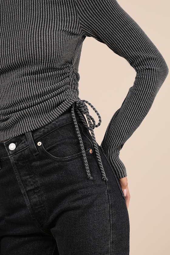 Lulus Sweet Ease Charcoal Textured Ribbed Ruched Long Sleeve Top In Grey