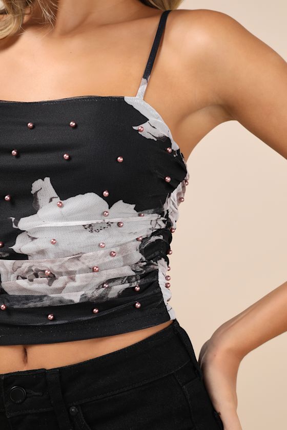 Lulus Persuasive Attitude Black Floral Mesh Pearl Cropped Tank Top In Black