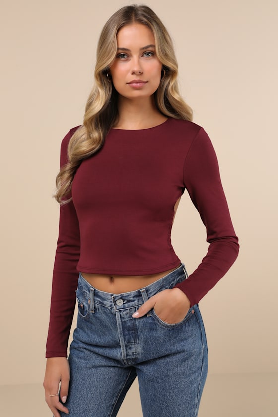 Daily Coolness Dark Plum Cutout Long Sleeve Crew Neck Top 2