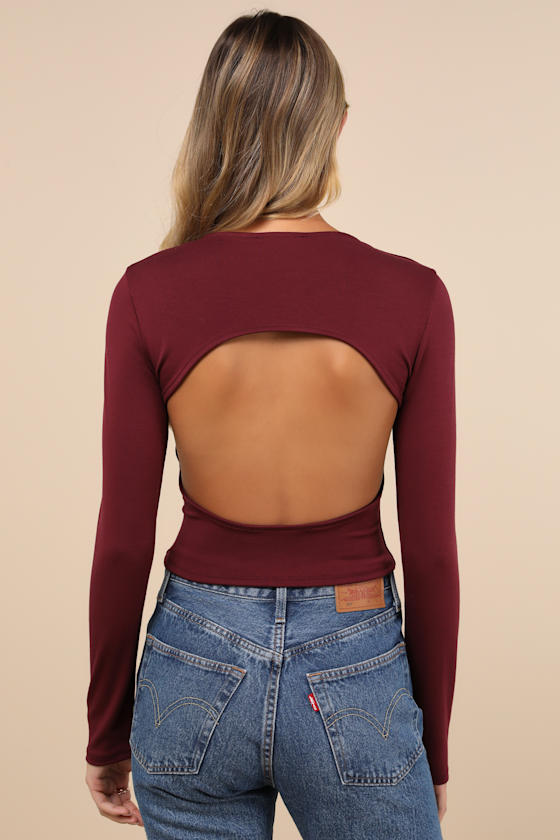 Daily Coolness Dark Plum Cutout Long Sleeve Crew Neck Top 3