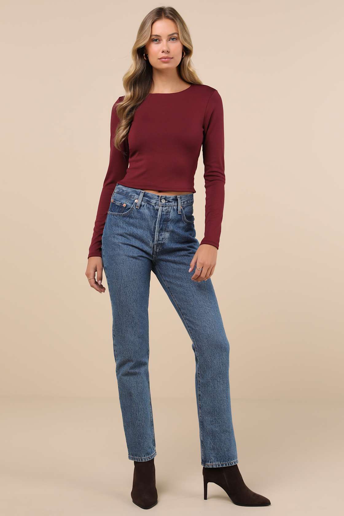 Daily Coolness Dark Plum Cutout Long Sleeve Crew Neck Top