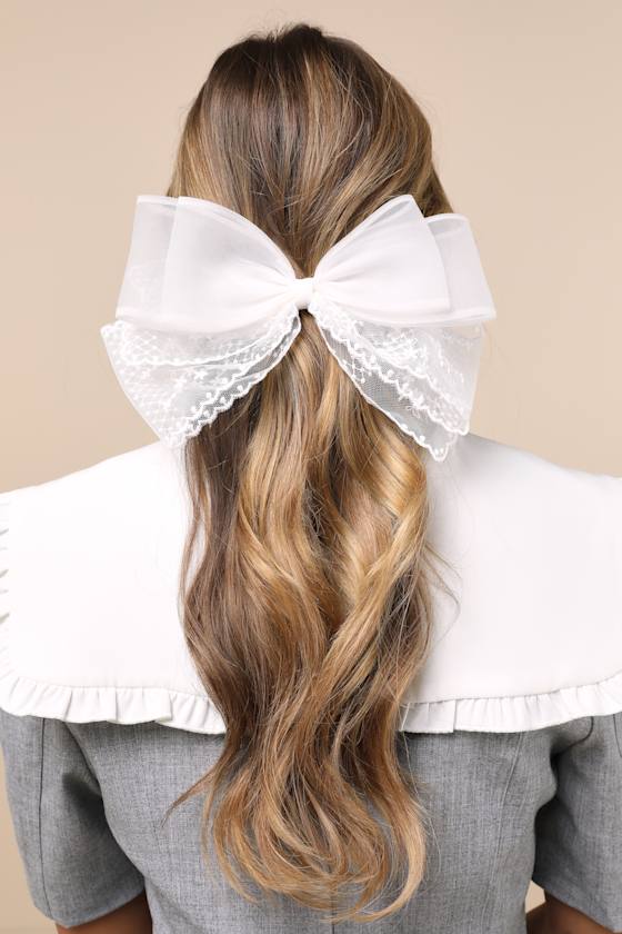 Precious Energy White Tulle Embroidered Hair Bow Barrette 1