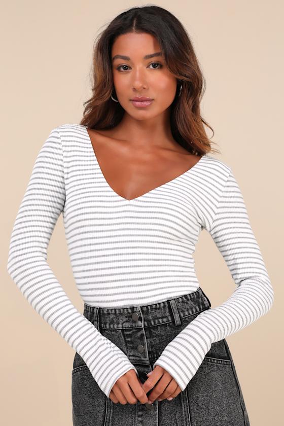 Lulus Easygoing Chic White And Grey Striped Long Sleeve Bodysuit In White And Grey
