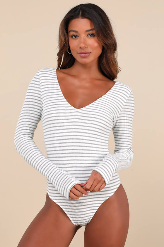 Lulus Easygoing Chic White And Grey Striped Long Sleeve Bodysuit In White And Grey