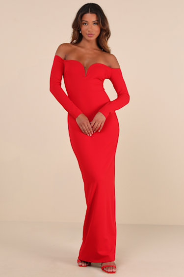 Sexy Red Dress Off-The-Shoulder Dress Long Sleeve Maxi Dress