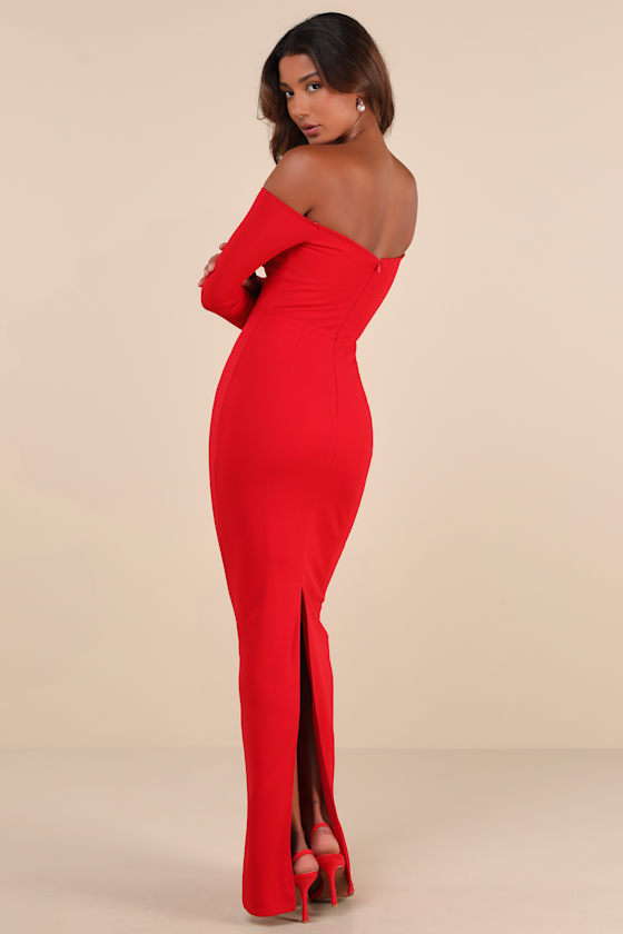 Opulent Perfection Red Long Sleeve Off-the-Shoulder Maxi Dress 3