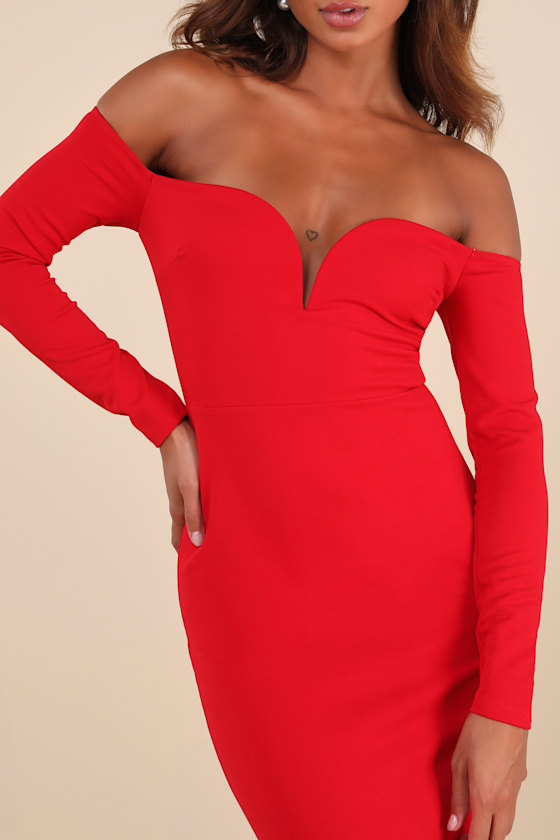 Lulus Opulent Perfection Red Long Sleeve Off-the-shoulder Maxi Dress In Red