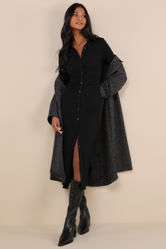LULUS A LITTLE PREP BLACK BUTTON-UP BODYCON MIDI DRESS