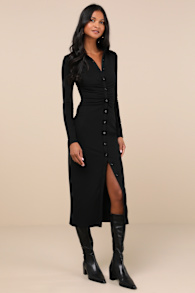 A Little Prep Black Button-Up Bodycon Midi Dress 3