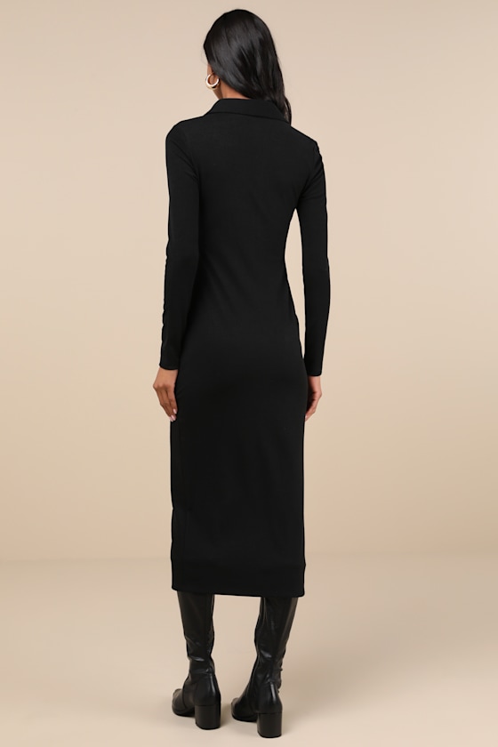LULUS A LITTLE PREP BLACK BUTTON-UP BODYCON MIDI DRESS