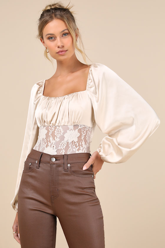Endless Aura Cream Satin Balloon Sleeve Sheer Lace Bodysuit 2