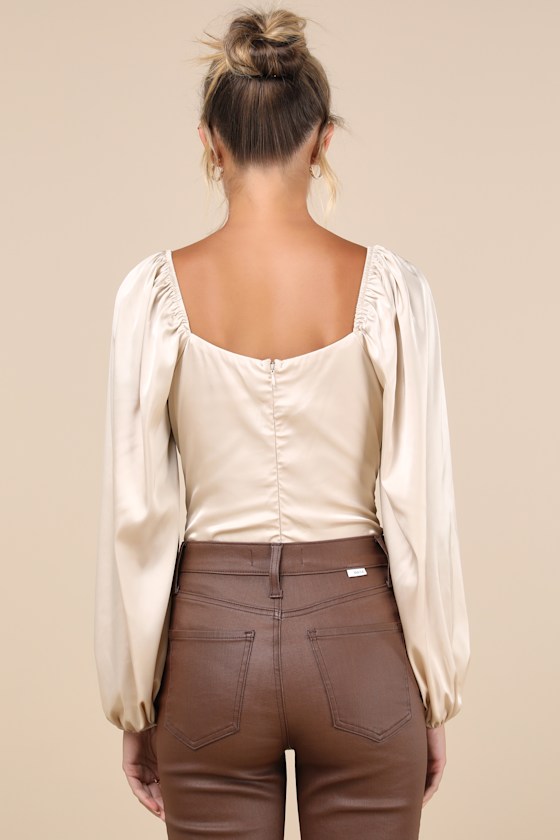 LULUS ENDLESS AURA CREAM SATIN BALLOON SLEEVE SHEER LACE BODYSUIT 