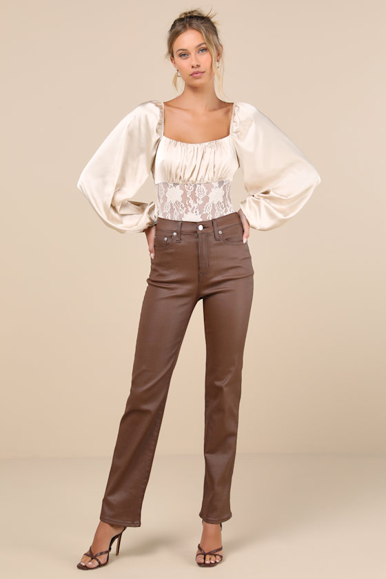 LULUS ENDLESS AURA CREAM SATIN BALLOON SLEEVE SHEER LACE BODYSUIT 