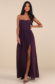 Luxe Favorite Dark Purple Strapless Ruched Maxi Dress 3