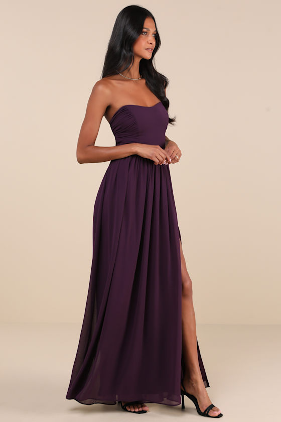 Lulus Luxe Favorite Dark Purple Strapless Ruched Maxi Dress In Purple
