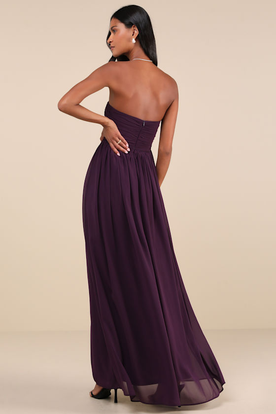 Luxe Favorite Dark Purple Strapless Ruched Maxi Dress 2