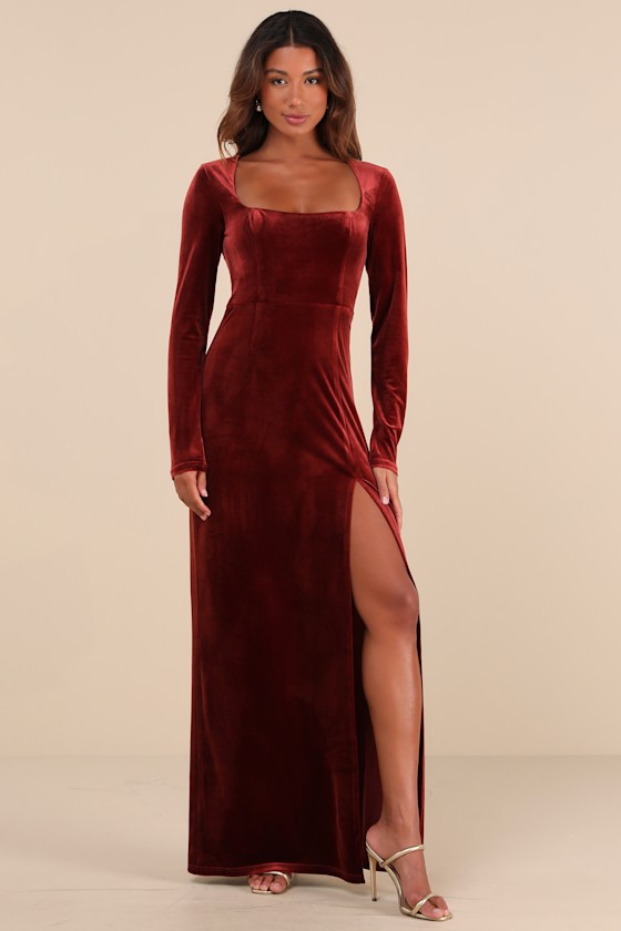 Rust gold velvet long dress main image 0