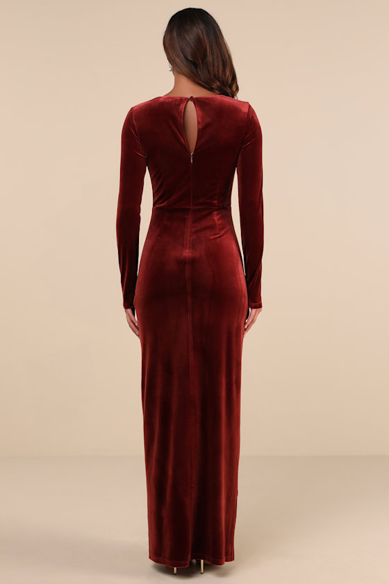Lulus Lovely And Luminous Rust Velvet Long Sleeve Column Maxi Dress In Brown