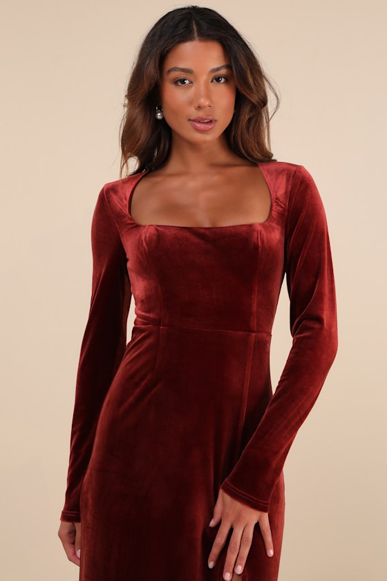 Lulus Lovely And Luminous Rust Velvet Long Sleeve Column Maxi Dress In Brown