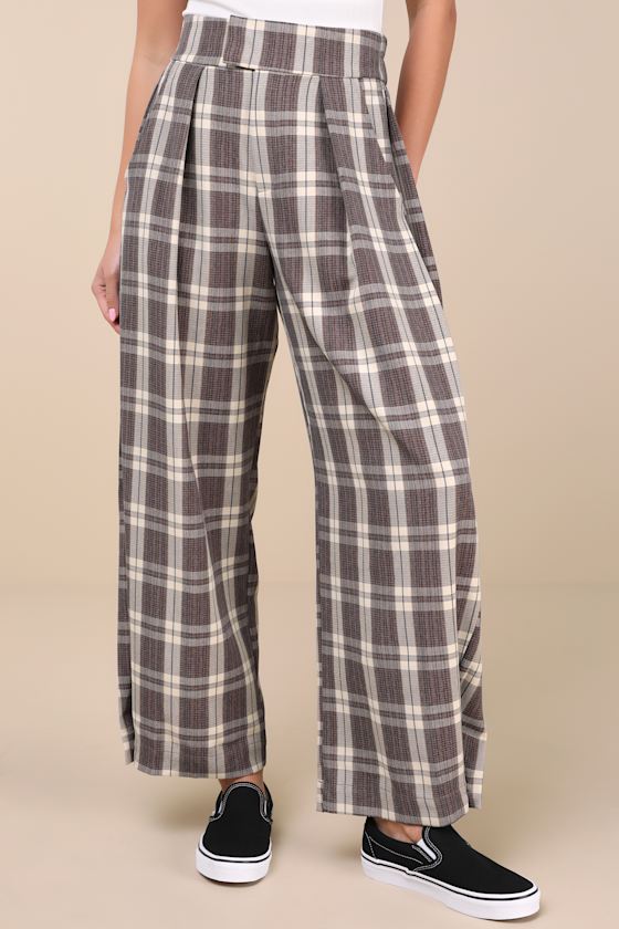 Lulus Uniquely Stylish Grey And Mauve Plaid High Rise Wide-leg Pants In Mauve