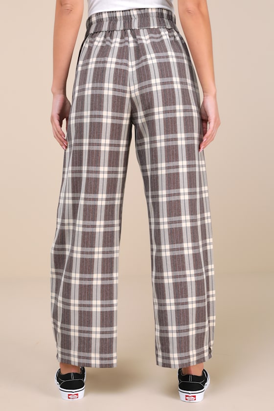 Lulus Uniquely Stylish Grey And Mauve Plaid High Rise Wide-leg Pants In Mauve
