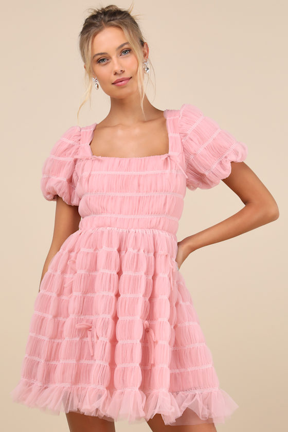 Pink Tulle Textured Dress - Puff Sleeve Mini Dress - Bow