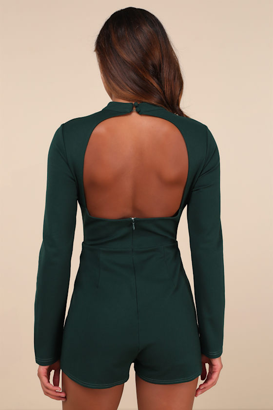 Lulus Undeniably Stylish Emerald Backless Long Sleeve Skort Romper In Green