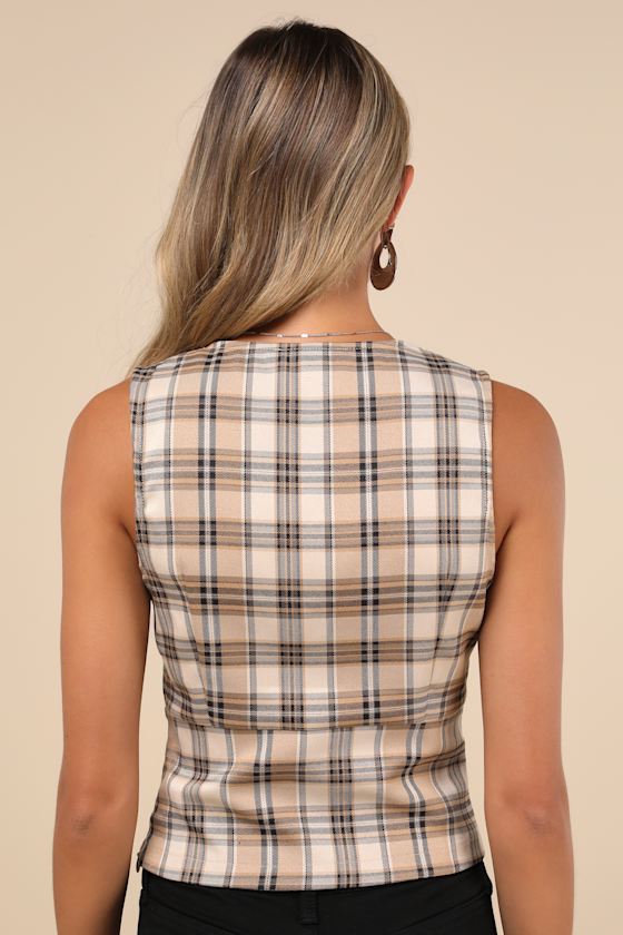 Shop Lulus Adorably Demure Light Brown Plaid Sleeveless Bow Top