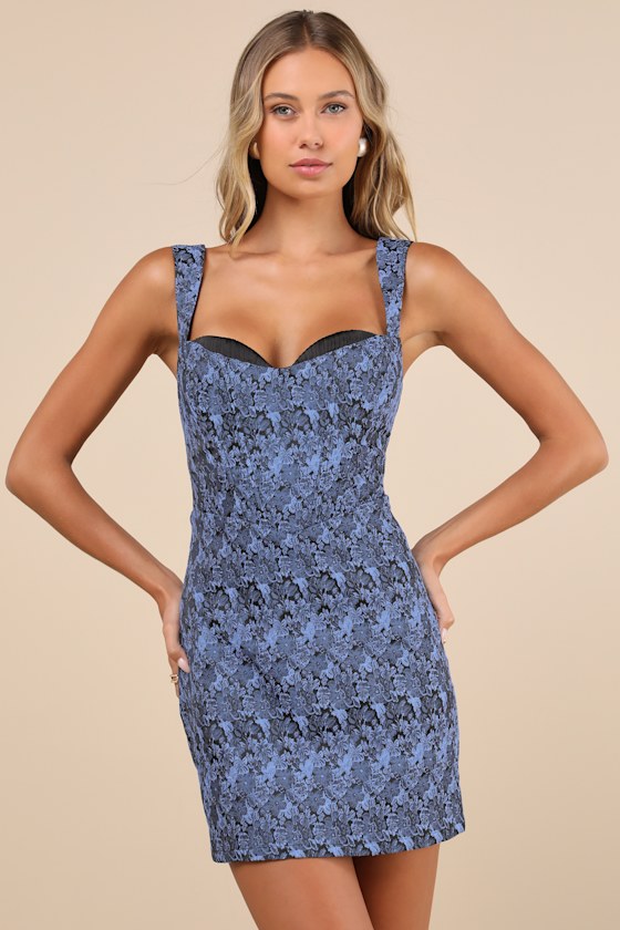 Sophisticated Celebration Dark Blue Jacquard Floral Mini Dress 1
