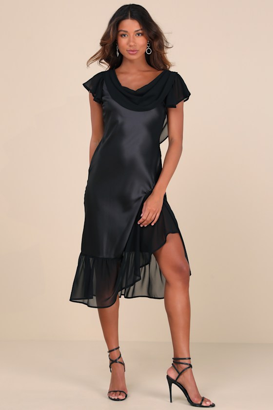 Black Satin Midi Dress - Flutter Sleeve Dress - Cowl Back Dress - Lulus