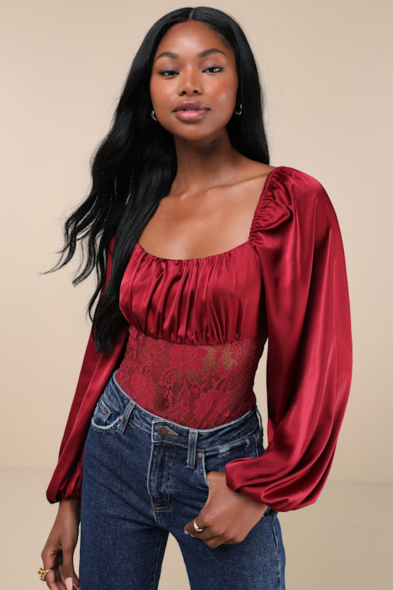 LULUS ENDLESS AURA WINE RED SATIN BALLOON SLEEVE SHEER LACE BODYSUIT 