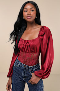 Endless Aura Wine Red Satin Balloon Sleeve Sheer Lace Bodysuit 1