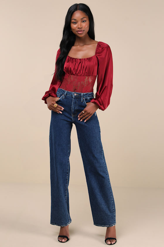 LULUS ENDLESS AURA WINE RED SATIN BALLOON SLEEVE SHEER LACE BODYSUIT 