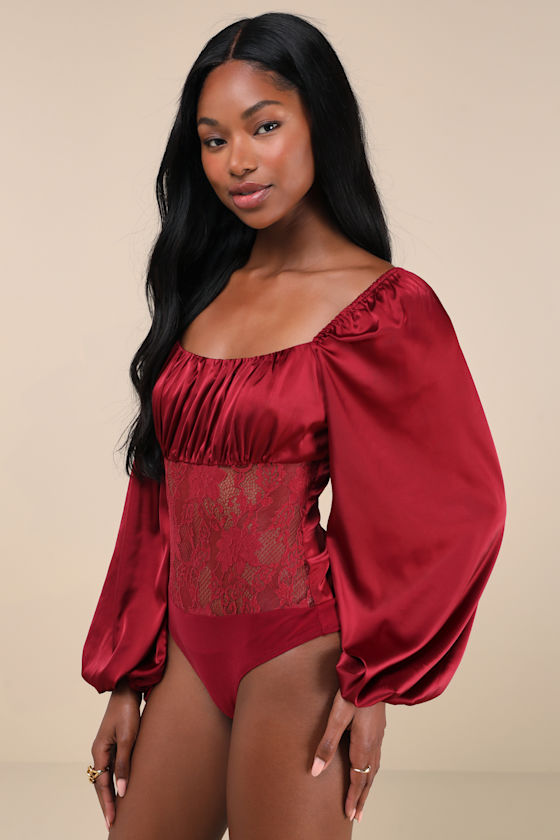 LULUS ENDLESS AURA WINE RED SATIN BALLOON SLEEVE SHEER LACE BODYSUIT 