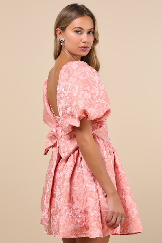 Sister Jane Recital Pink Jacquard Floral Puff Sleeve Mini Dress In Pink
