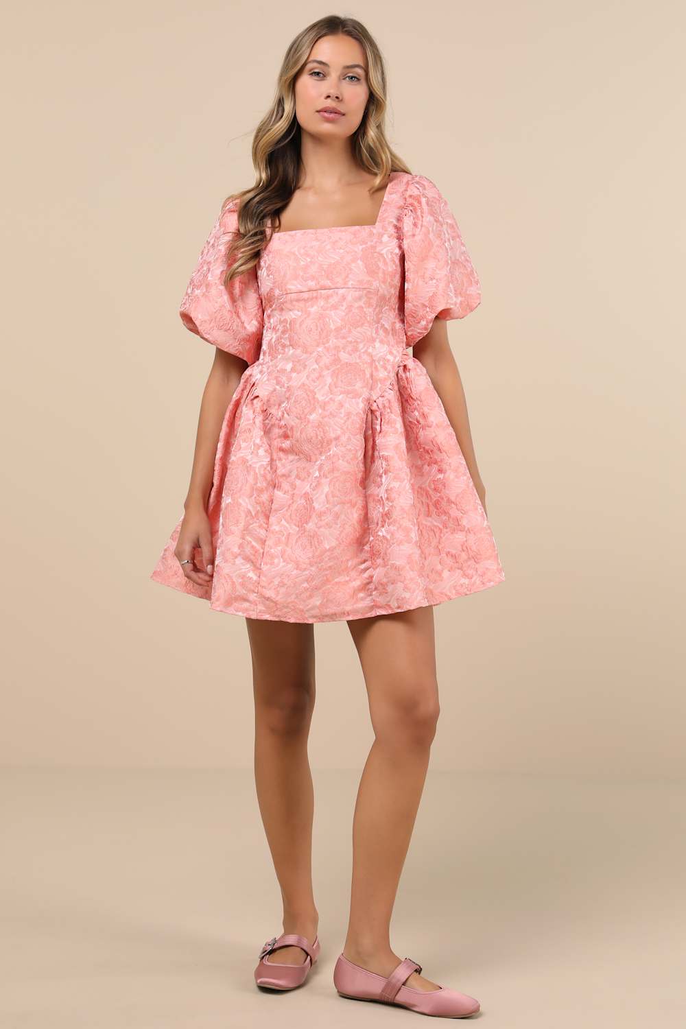 Recital Pink Jacquard Floral Puff Sleeve Mini Dress