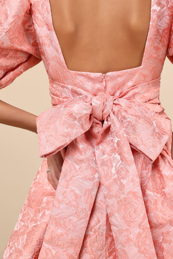 Sister Jane Recital Pink Jacquard Floral Puff Sleeve Mini Dress In Pink