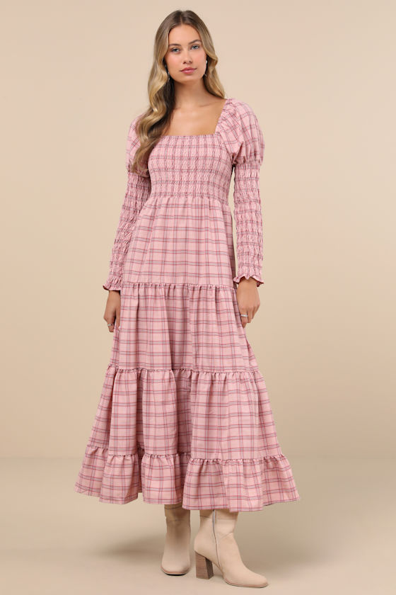 Pink Plaid Smocked Dress - Tiered Long Sleeve Dress - Midi Dress - Lulus